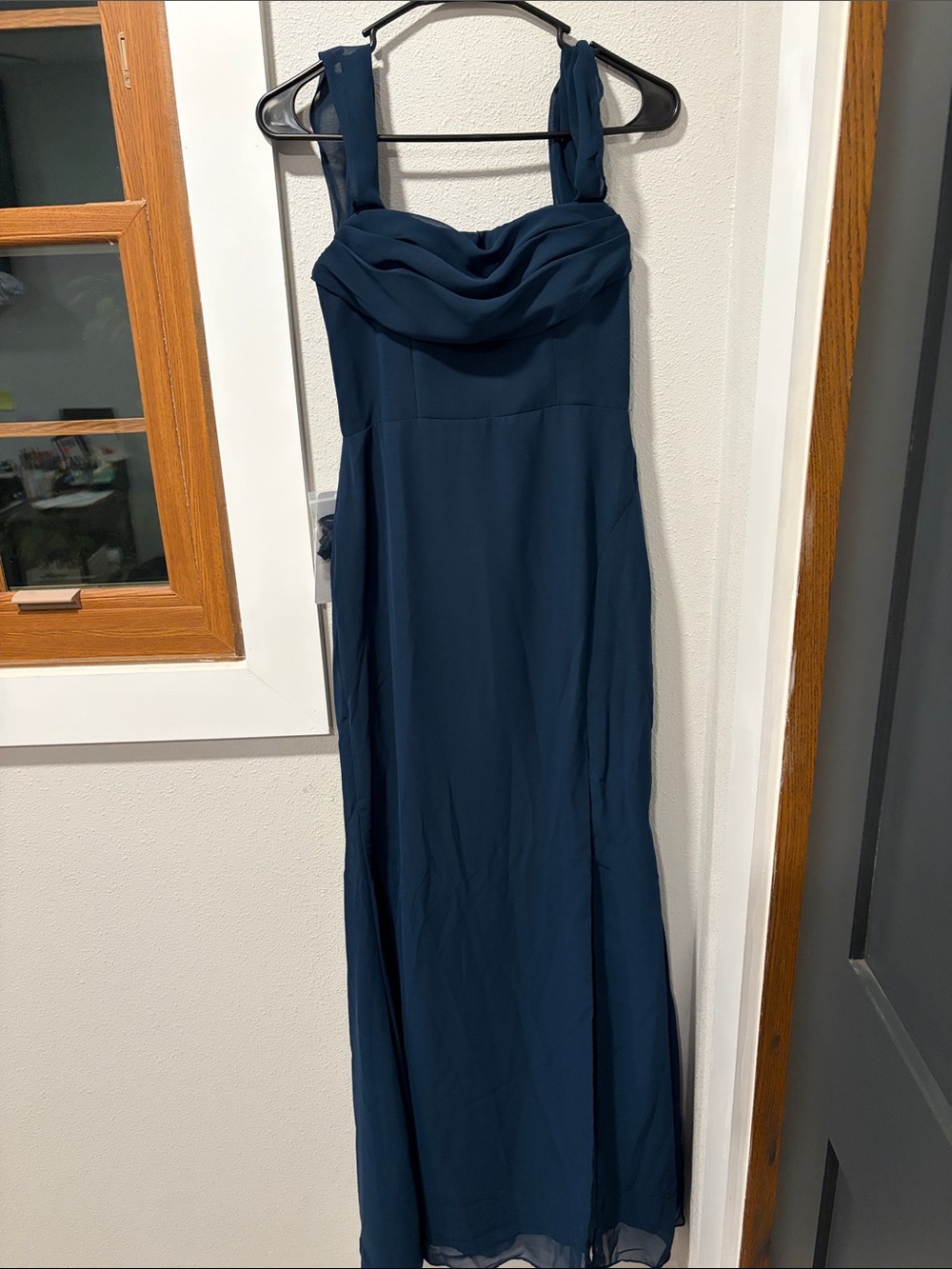 Azazie Navy Blue Chiffon Maxi Dress with Draped Bodice